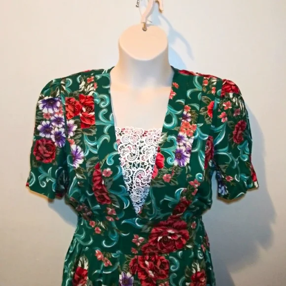 Miss Dorby Vintage 1980's Teal Burgundy & Purple Floral Cottagecore Style Dress - Picture 2 of 14